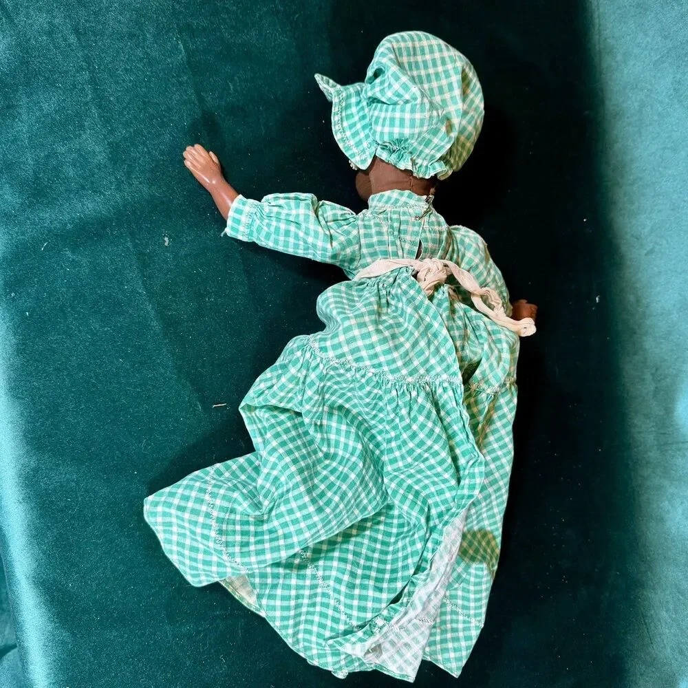 Vintage Handmade African American Doll Folk Art Decor Green Gingham Dress